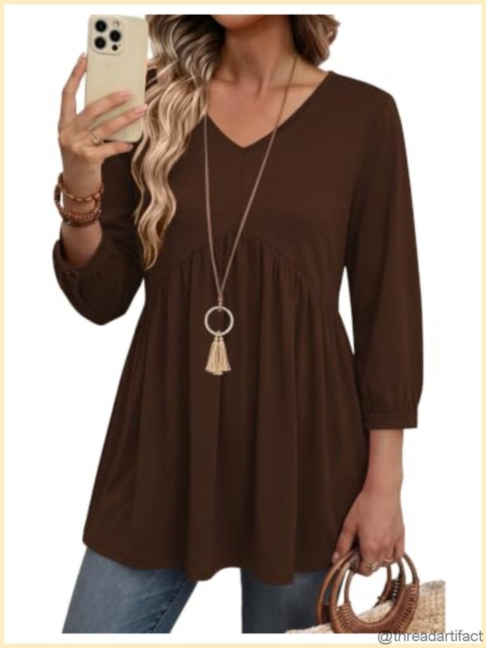 Womens 3/4 Sleeve Tunic Top V Neck Pleated Babydoll Blouse Casual Flowy